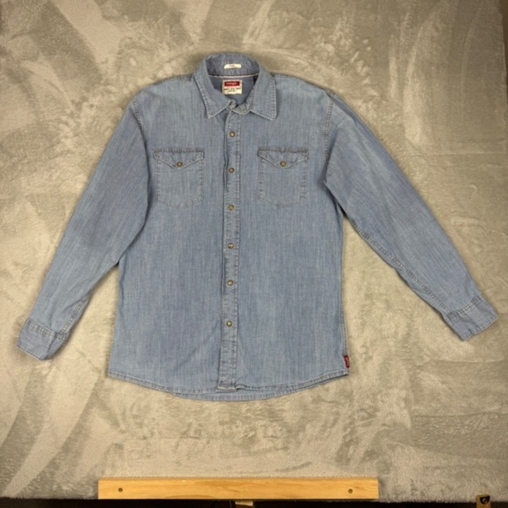 Wrangler Western indigo Pearl Snap Denim Shirt Mens Large Blue cowboy